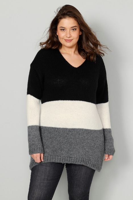 Pullover, oversized, Blockstreifen, V-Ausschnitt, Langarm