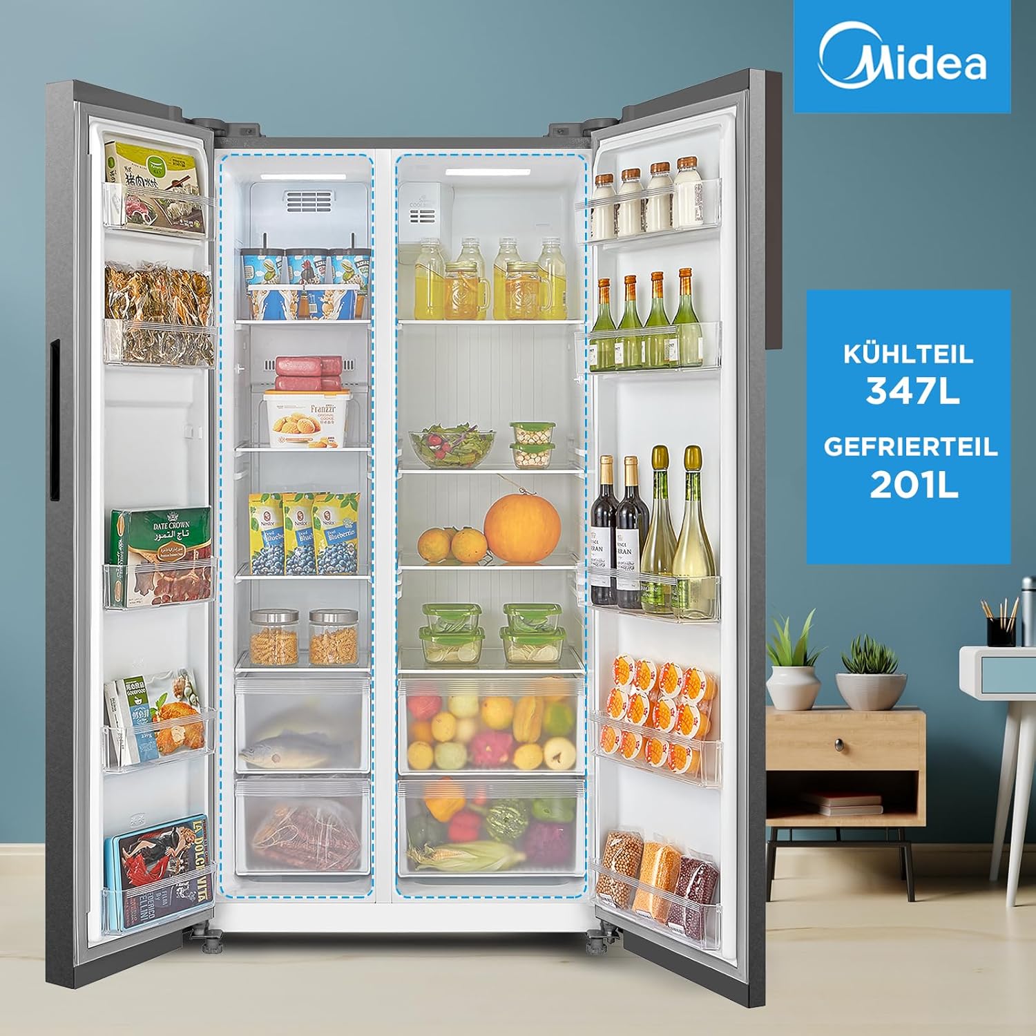 Midea MERS530FGE02 Side-by-Side Kühl-/Gefrierkombination/No Frost/Inverter Compressor/176,5 cm hoch/347 L Kühlen/201 L Gefrieren/Doppelte Steuerung/SuperCool/35dB, Inox