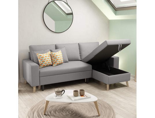 TERRE DE NUIT - Canapé convertible d'angle 3 places gris clair 140x190 - 2 p...