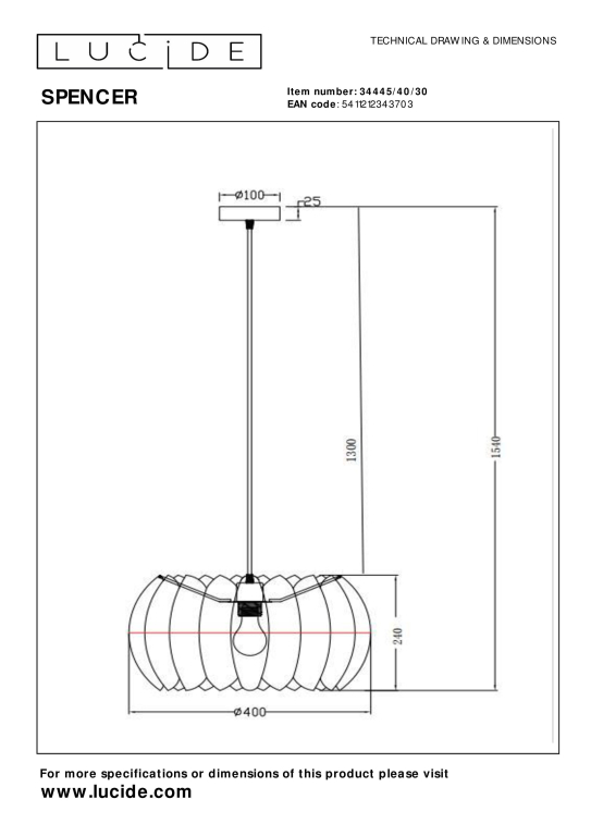 Lucide Spencer hanglamp Ø40 zwart