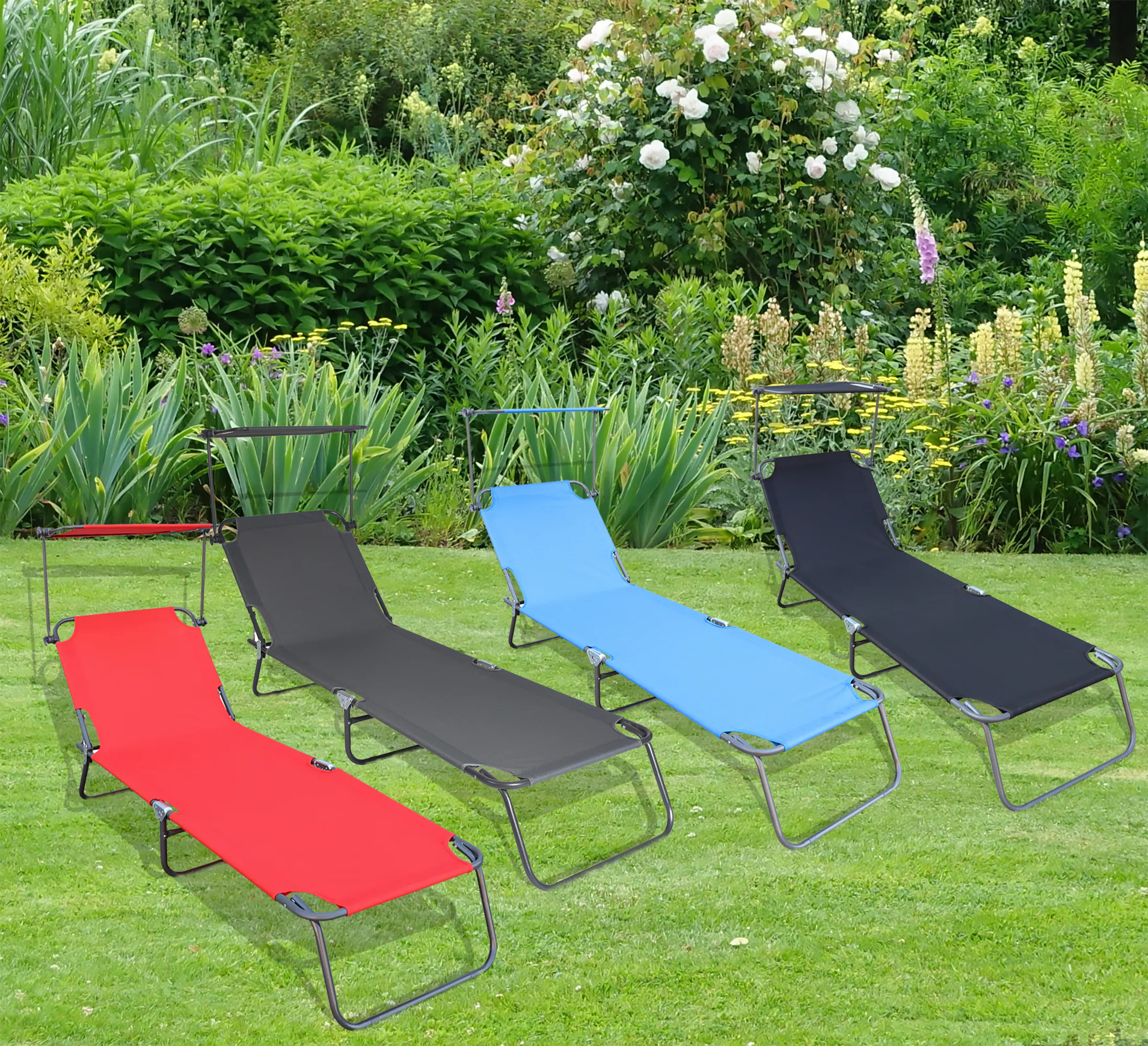 VCM Sonnenliege klappbar | Gartenliege faltbar, leicht und kompakt | Liegestuhl für Balkon, Strand und Camping mit verstellbarem Sonnendach |