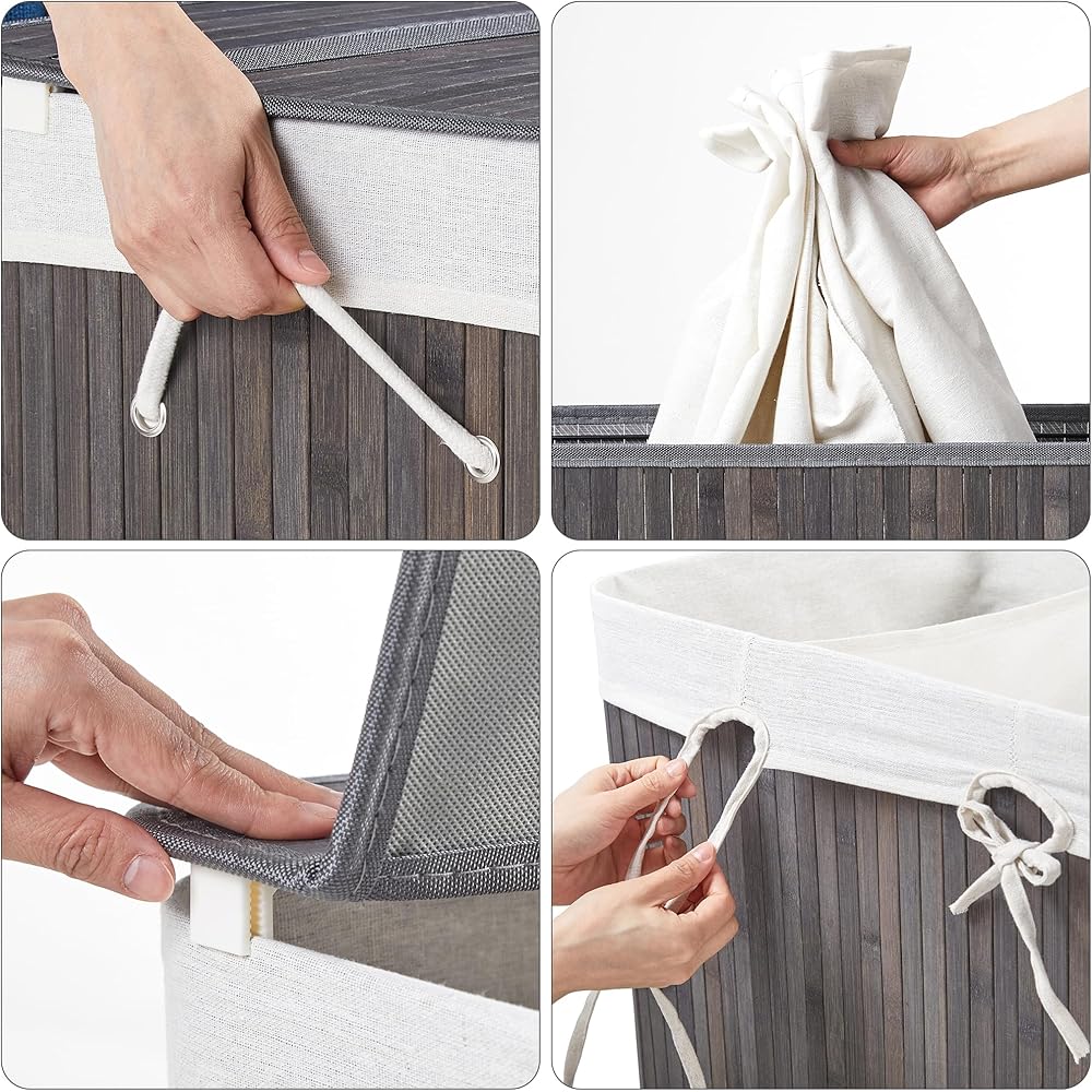 Mondeer Panier à Linge 150L avec Couvercle, 3 Compartiments，Corbeille en Bambou Naturel Boîte de Rangement à Linge Pliable avec Couvercle Amovible pour Buanderie, Chambre, 61.5 x 40 x 60 cm, Gris : Cuisine et Maison