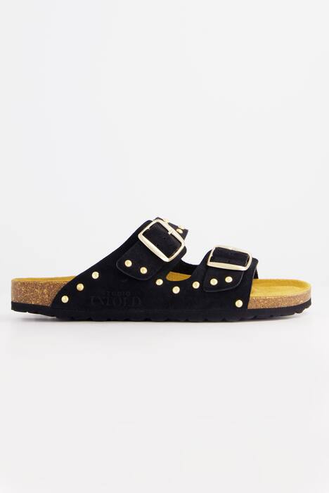 Leder-Pantolette, Ziernieten, Kork-Tieffußbett, schwarz