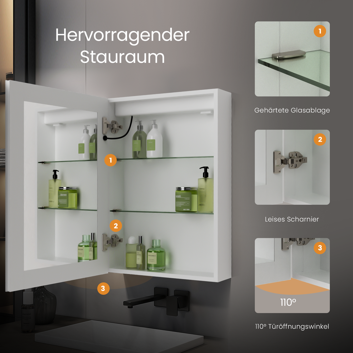 EMKE Badkamerspiegelkast met LED-verlichting, Spiegelkast met fitting, 3 dimbare lichtkleuren, Anti-condens, Wit, 50 x 70 cm