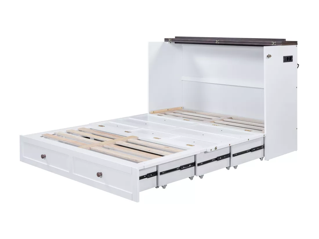 Lit escamotable 140x200 cm en bois - avec prises USB et rangements - Blanc