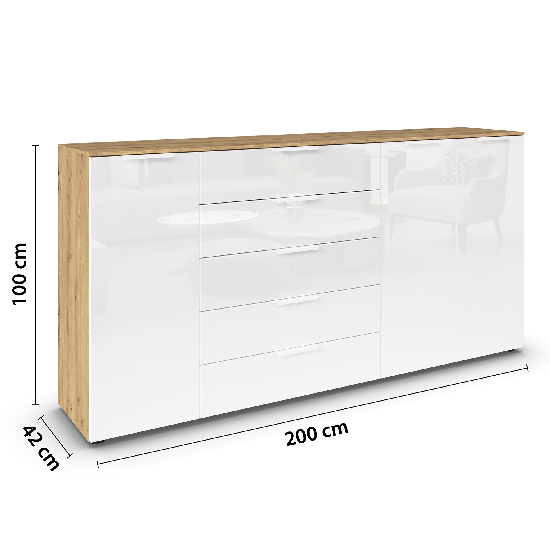 Kommode - Artisan Eiche-Kristallweißglas - weiße Griffe - 199 cm