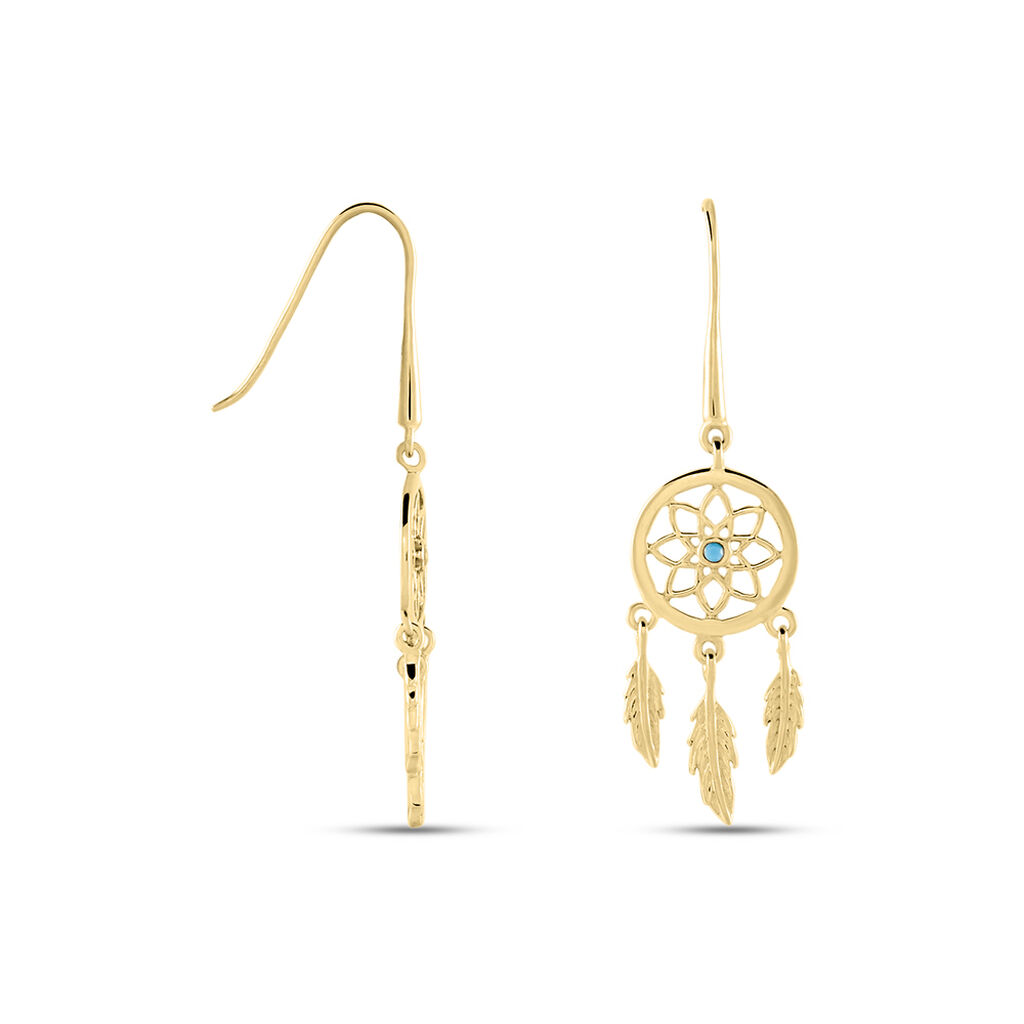 Boucles D'oreilles Plaqué Or Jaune Attrape Rêves Turquoises