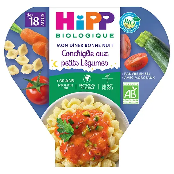 Prato de Conchiglie Orgânico Hipp My Goodnight Dinner com Legumes Pequenos +18m 260g