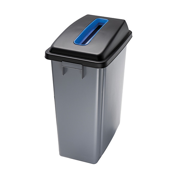 Corbeille Office grise 60 litres avec  couvercle ouverture superieur bleu