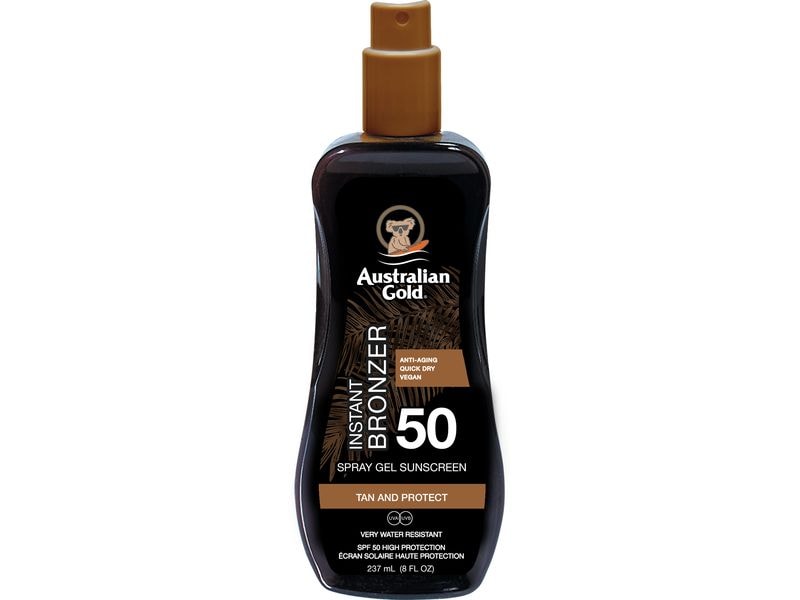 Australian Gold Sonnenspray Gel mit Bronzer SPF 50 237 ml Schützende Sonnencreme im praktischen Spray
