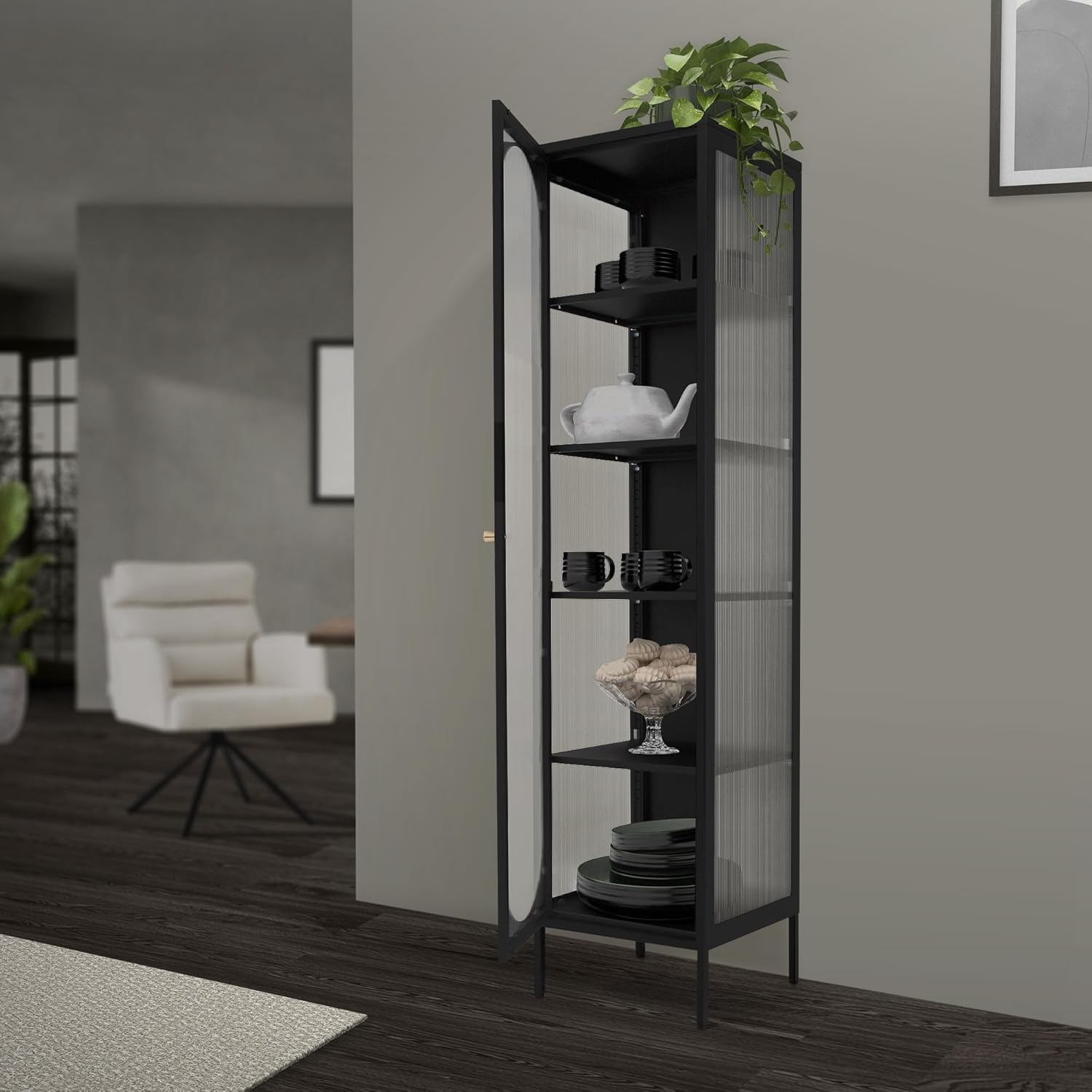 ML-Design Vitrinenschrank 42x175x40 cm, Schwarz, Schmale Vitrine mit 5 Ablagen und 1 Tür, Wohnzimmer Metallschrank aus Stahl, Industrieller Stil, Hochschrank Bücherschrank Aktenschrank Büroschrank