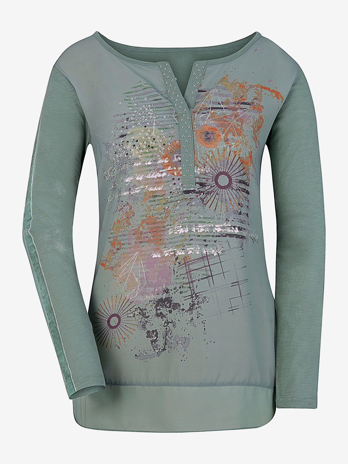 T-shirt femme en coton col tunisien manches longues imprimé