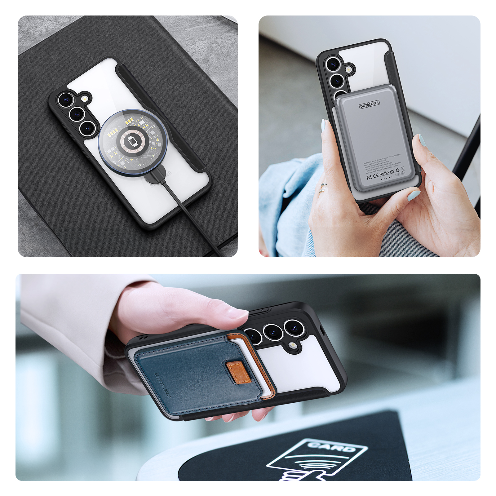 Samsung Galaxy S25 Hybrid Leder Tasche Kickstand Aufsteller   Kunststoff Rückseite MagSafe-Modul - Schwarz / Transparent