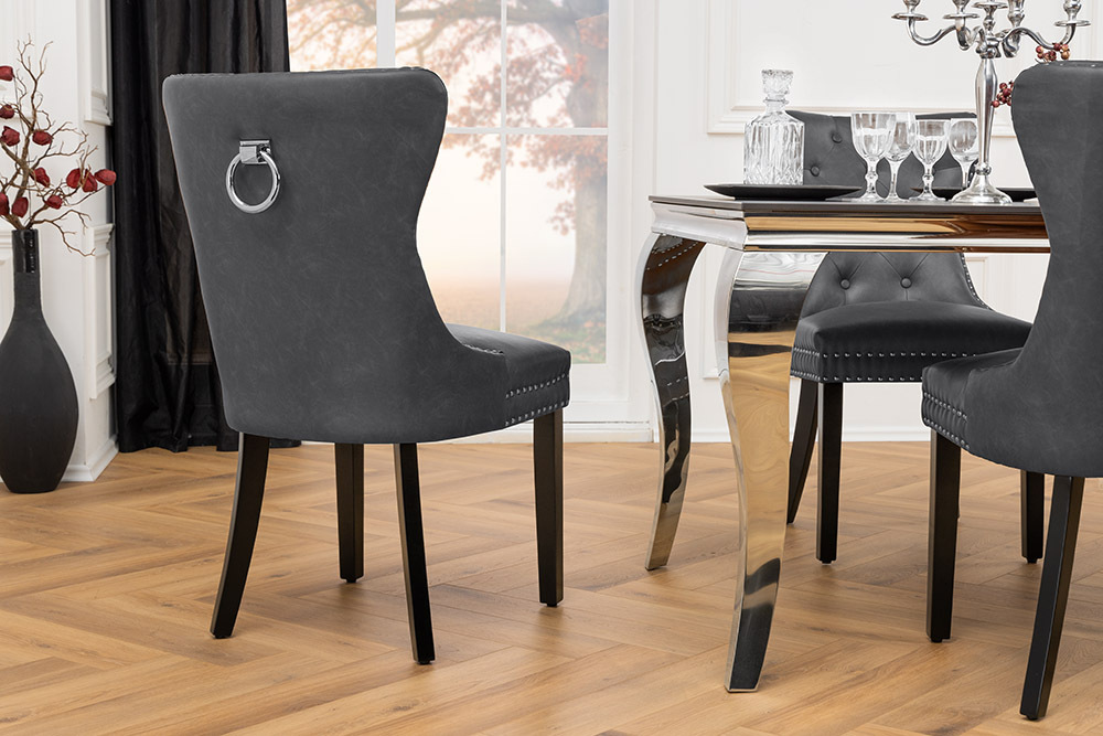 Chesterfield Stuhl CASTLE schwarz Kunstleder Massivholz mit Komfortgriff
