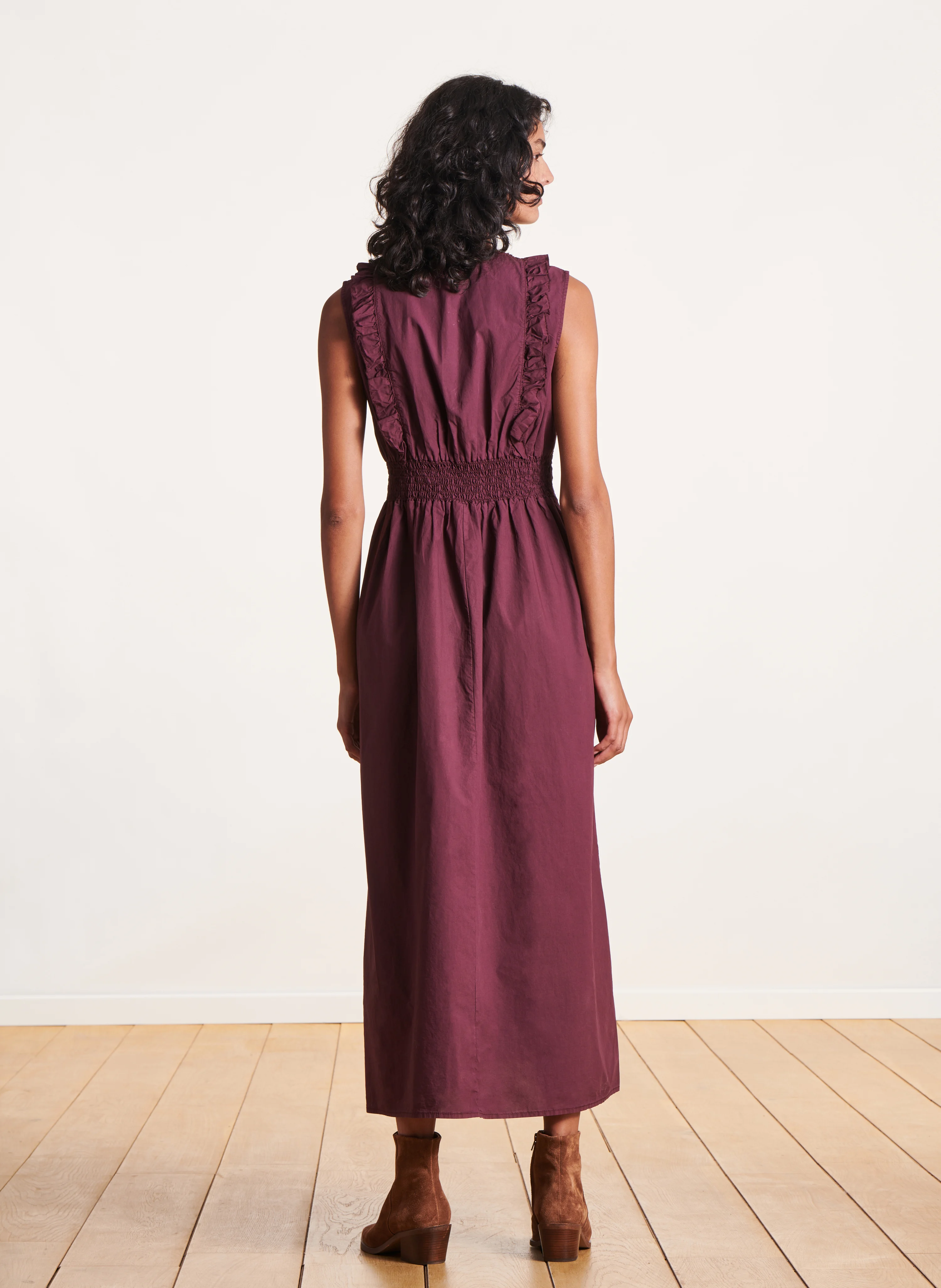 Robe longue droite col V en coton | Violet