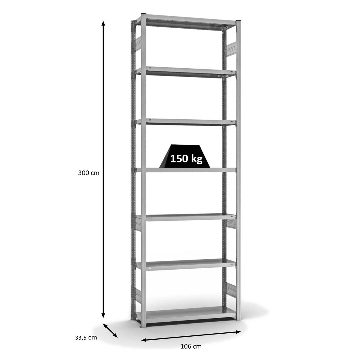 PROREGAL Stellingkast, insteeksysteem, T-profiel, lichtgewicht, basiskast, hxbxd 300 x 100 x 30 cm, 7 legborden, legborddraagvermogen 150 kg, aan beide zijden te gebruiken, verzinkt