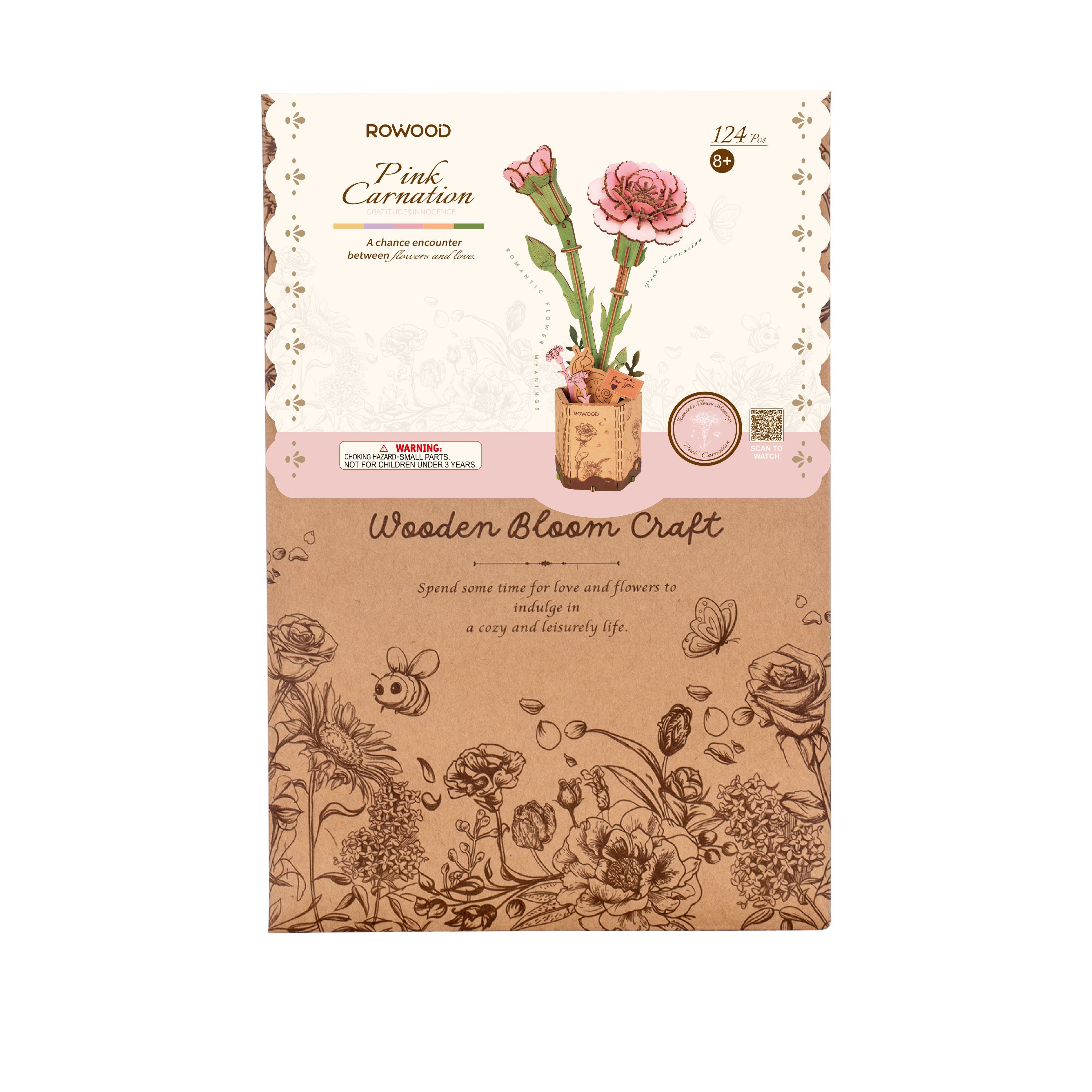 (124-tlg. Set) Rowood 3D Holz Puzzle DIY Modell Bausatz Home Deko Blume für Erwachsene (TW051) - Pinke Nelke