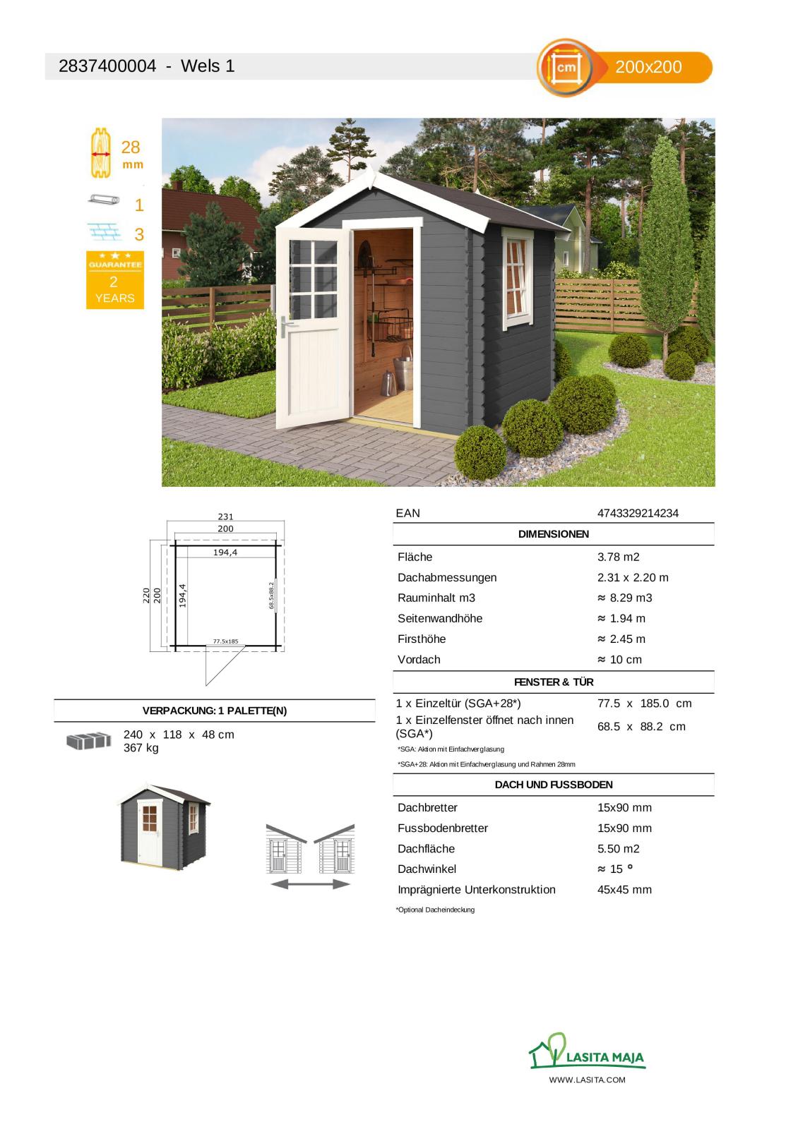 Gartenhaus WELS 1 - carbongrau - Fichte massiv - 200x200 cm
