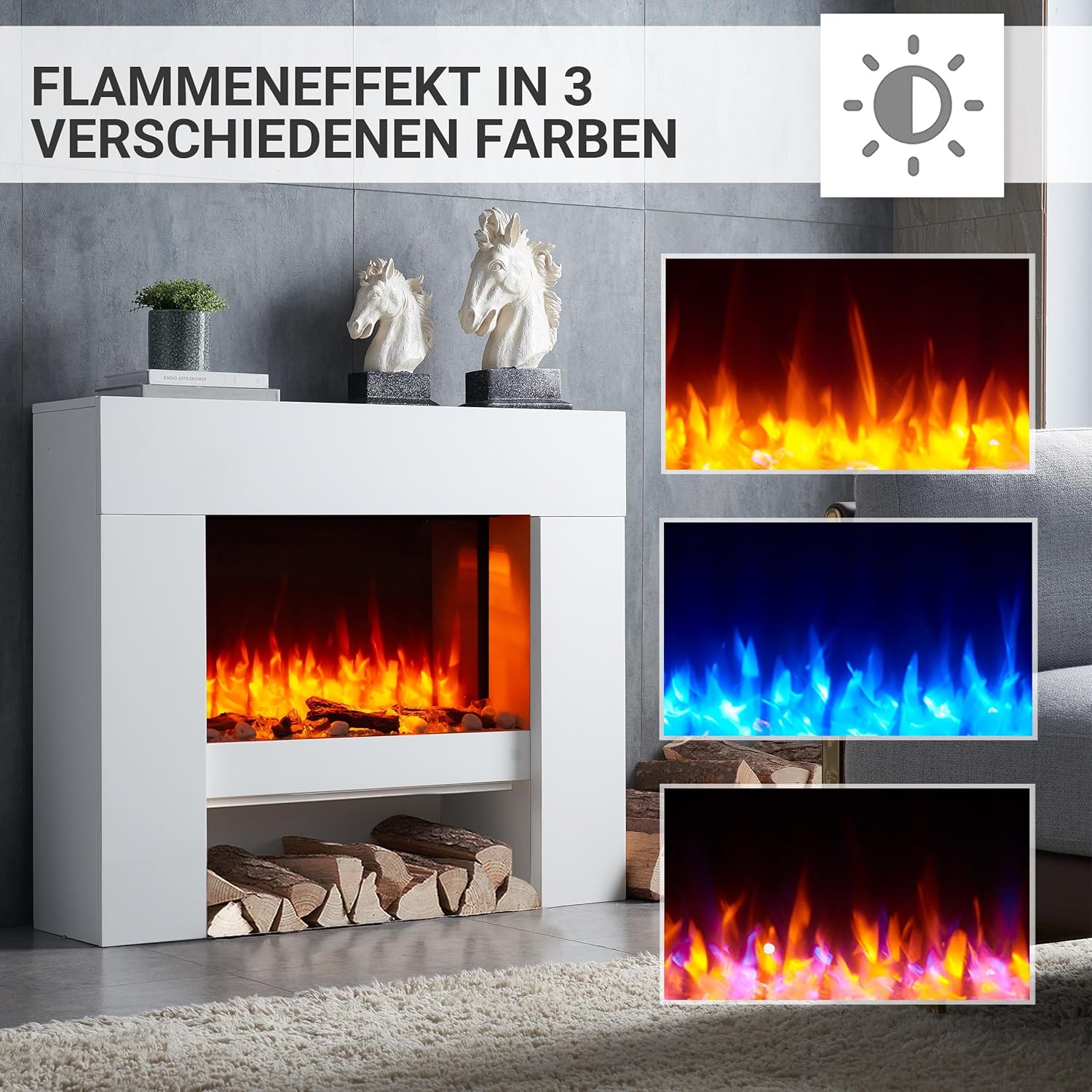 BALDERIA Elektrokamin Naran | Elektrischer Standkamin mit 3D-Flammeneffekt | Elektro Heizung 2000W, LED-Beleuchtung | Kamin mit Fernbedienung, Timer, Startsteuerung & Thermostat | Weiß
