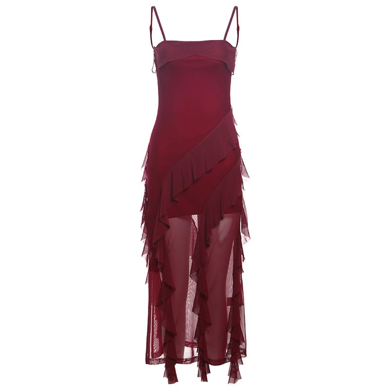 Sugarcoat - Spaghettibandjes, effen, geplooide mesh maxi-jurk met split