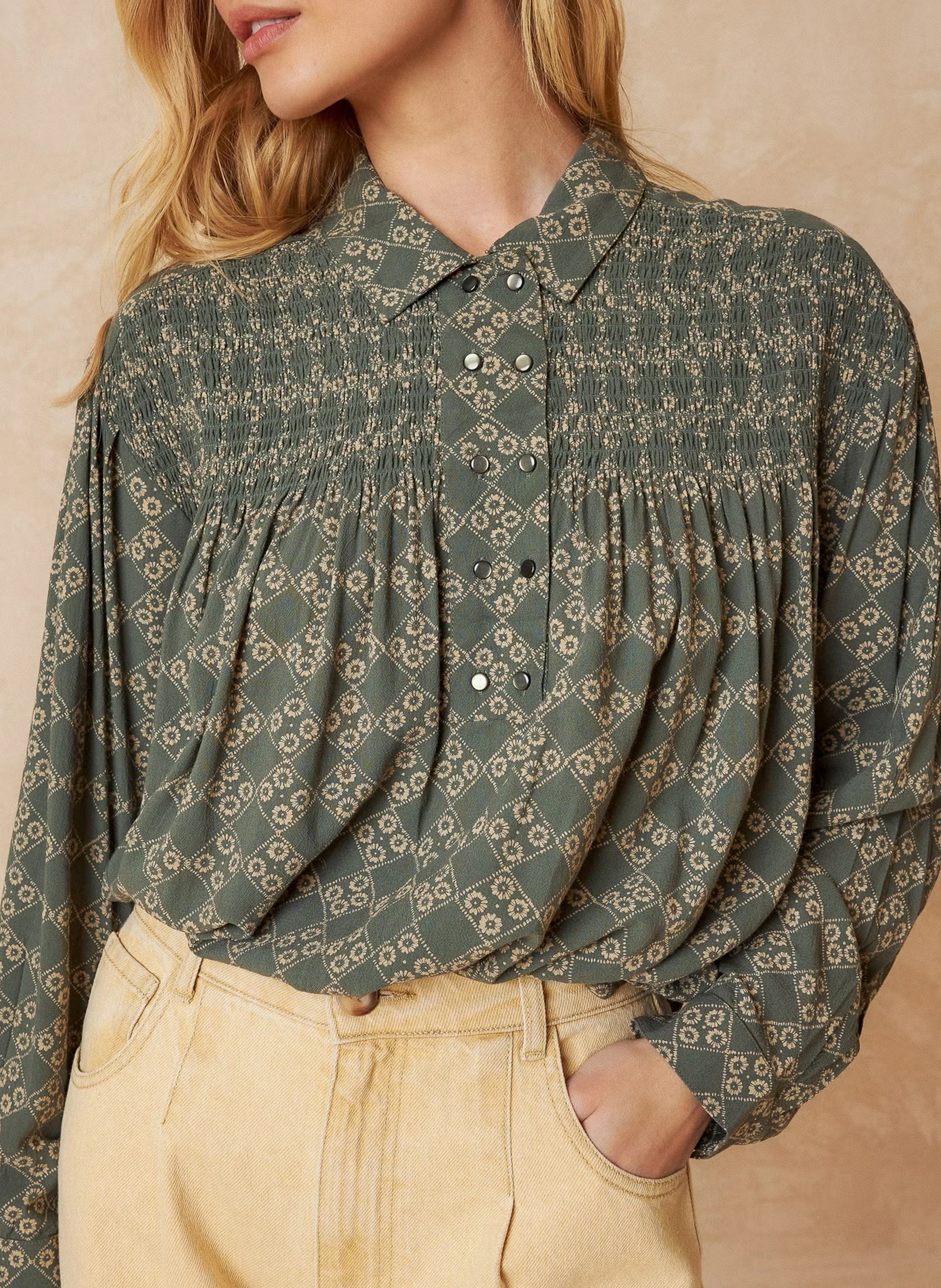 Blouse droite col classique imprimée | Vert