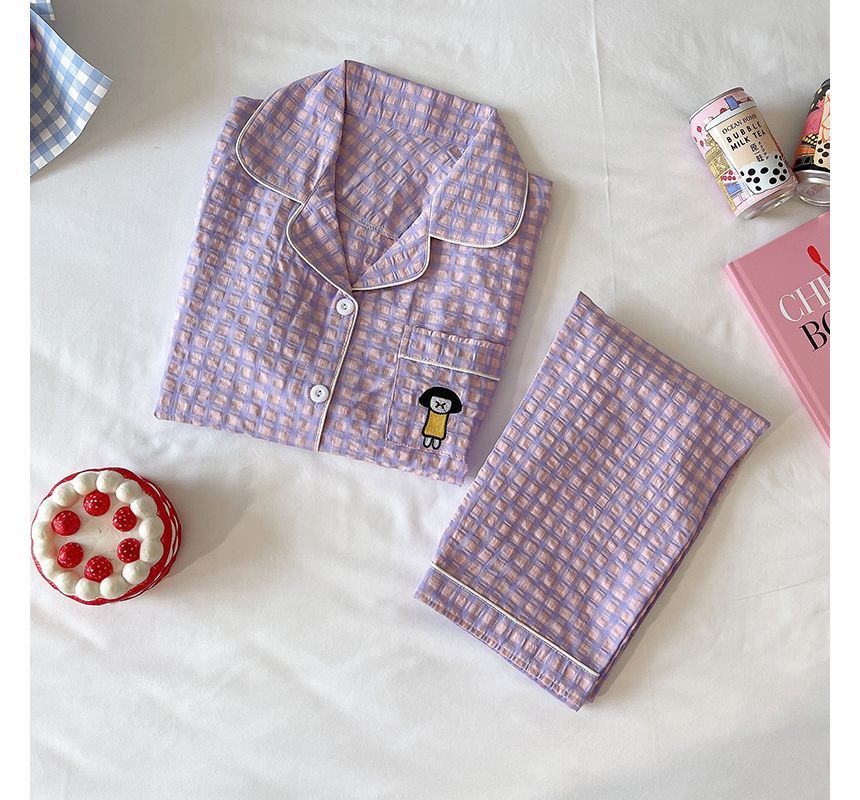 Siensien - Pyjamaset: geruite top met lange mouwen + broek + hoofdband