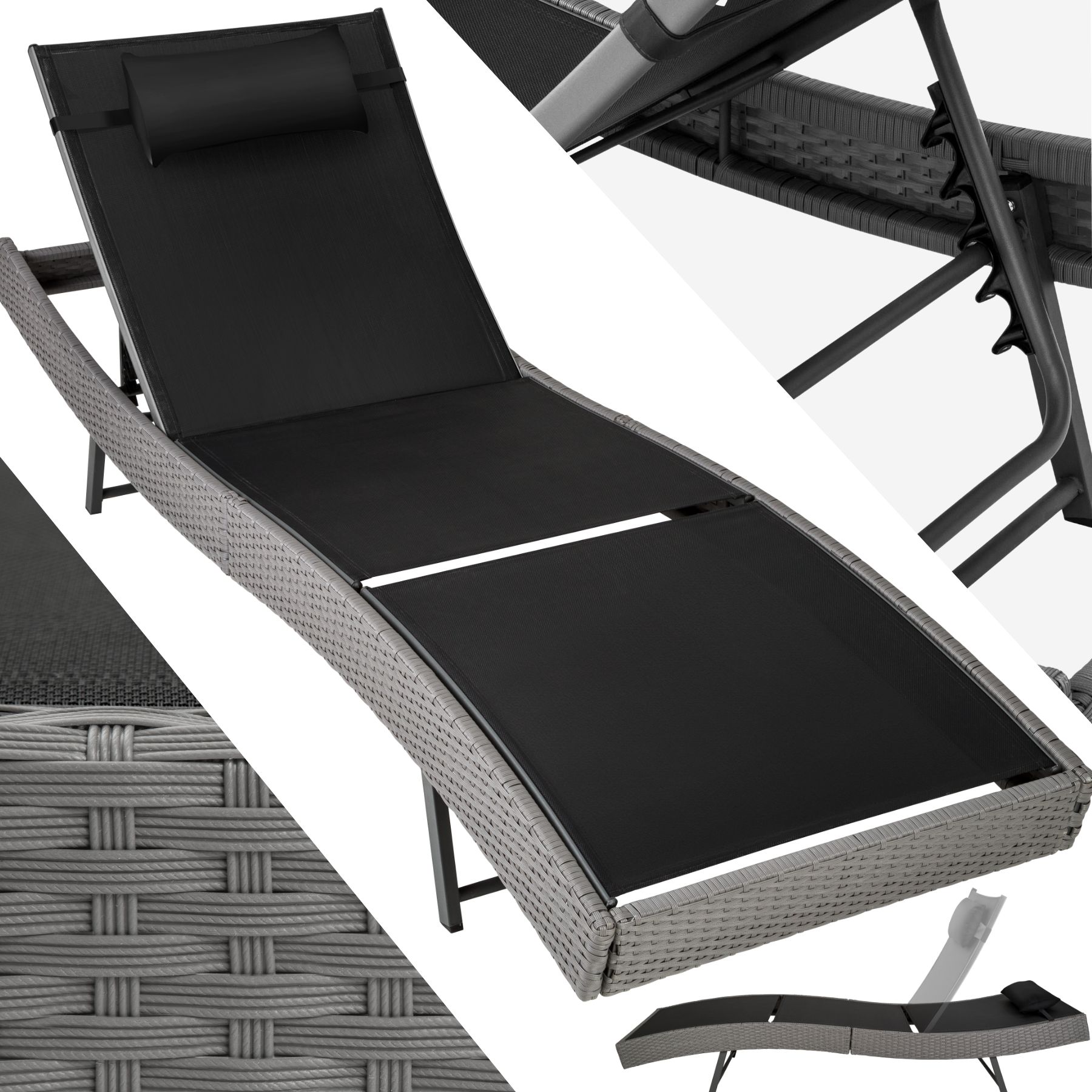 tectake® Rattan Sonnenliege, widerstandsfähig und UV-beständig, 5-fach verstellbare Rückenlehne, 211 x 69 x 28-94 cm