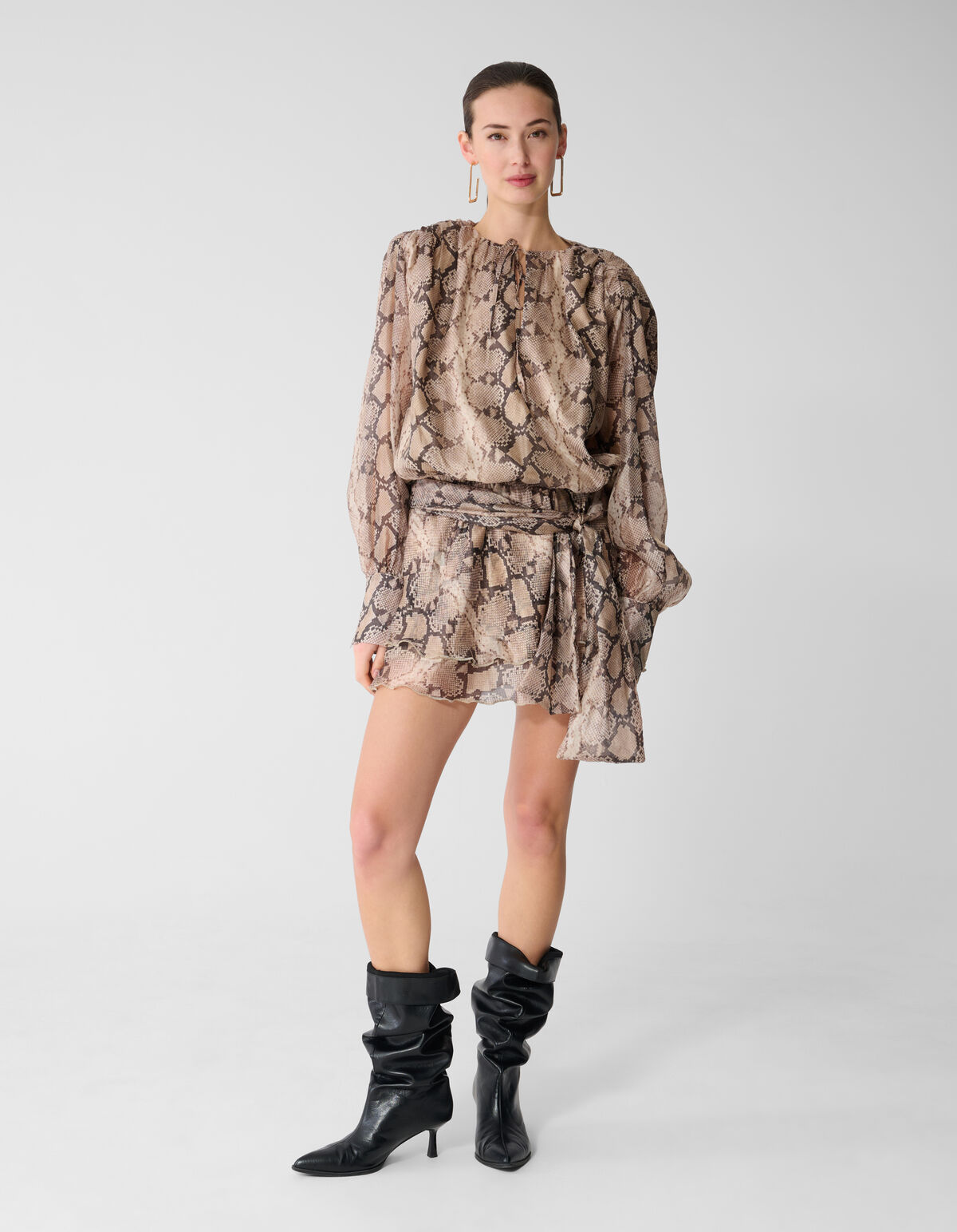 Snake Ruffle Mini Jurk Lichtbruin