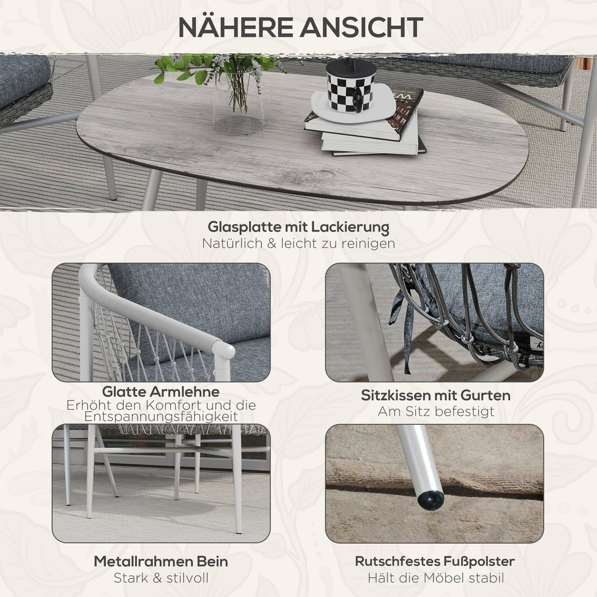 Outsunny 4-delige tuinmeubelset, 121L x 68B x 67H cm, PE rotan, polyester, grijs