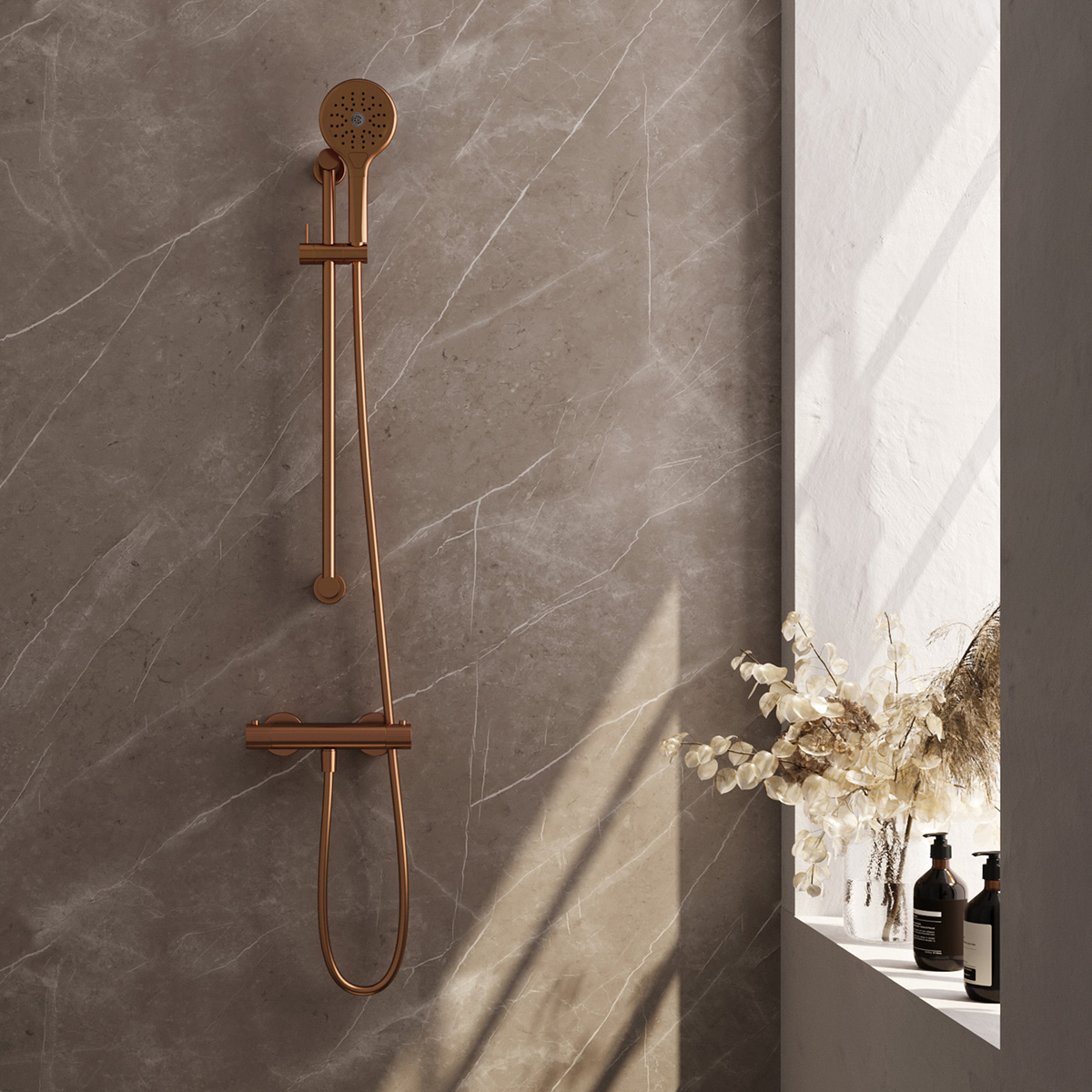 Brauer Stripe thermostatische douchekraan met glijstang en 3 standen handdouche koper geborsteld PVD