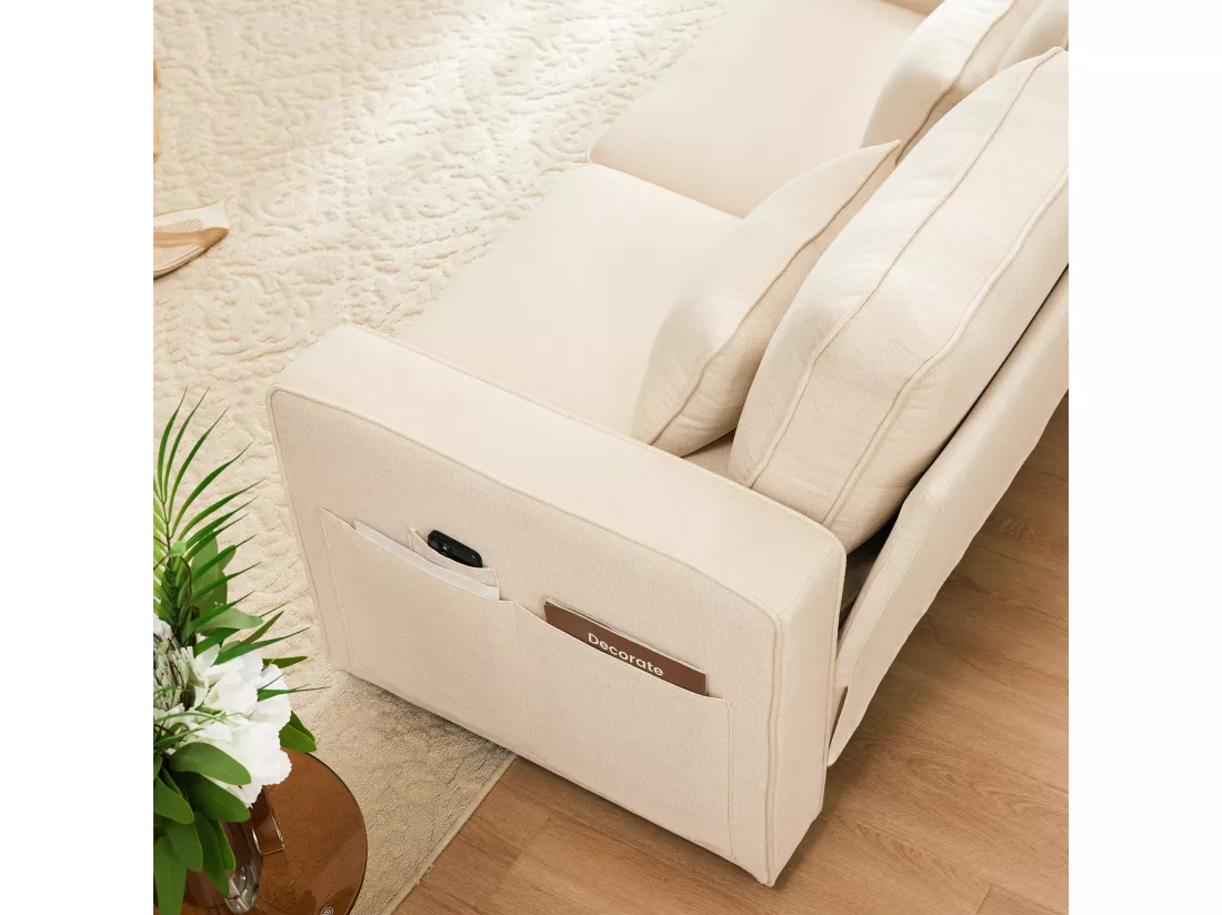 Canapé 4 places - 290 x 83 x 88 cm - avec 2 porte-gobelets, 2 ports USB, 2 poches et 4 coussins - Tissu en lin - Beige