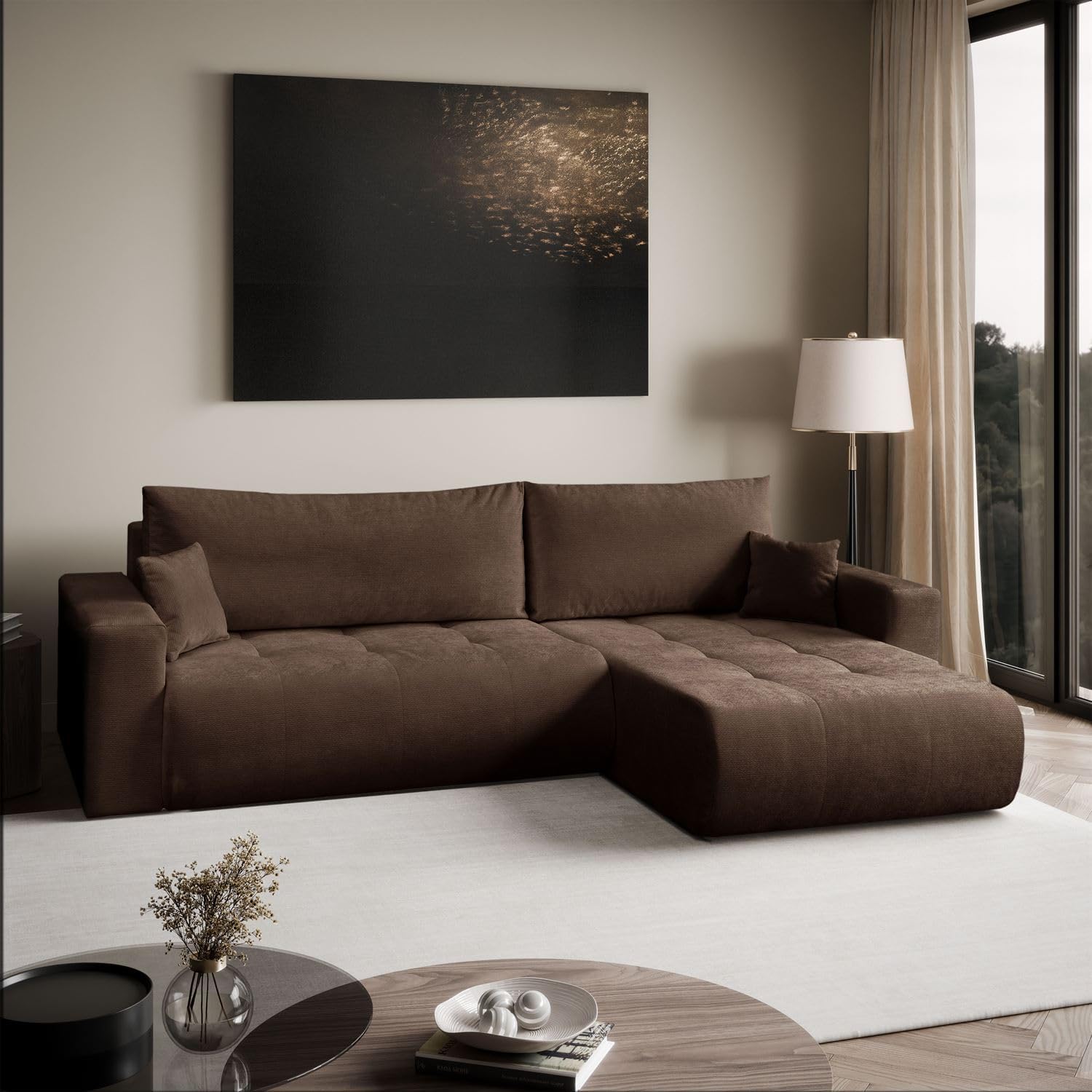 Lookway modernes Ecksofa Cloud II XL mit Schlaffunktion & Bettkasten - L-Form Eckcouch 280 cm mit Stauraum, modernes Schlafsofa 120x235 cm, mit Kissen, universell montierbar (Dunkelbraun - Vibe 26)