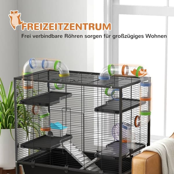 Hamsterbur Gnagerbur med hjul, rør, hylle, ramper, hjul, matskål, vannflaske, marsvinbur for gerbiler, syriske hamstere, svart