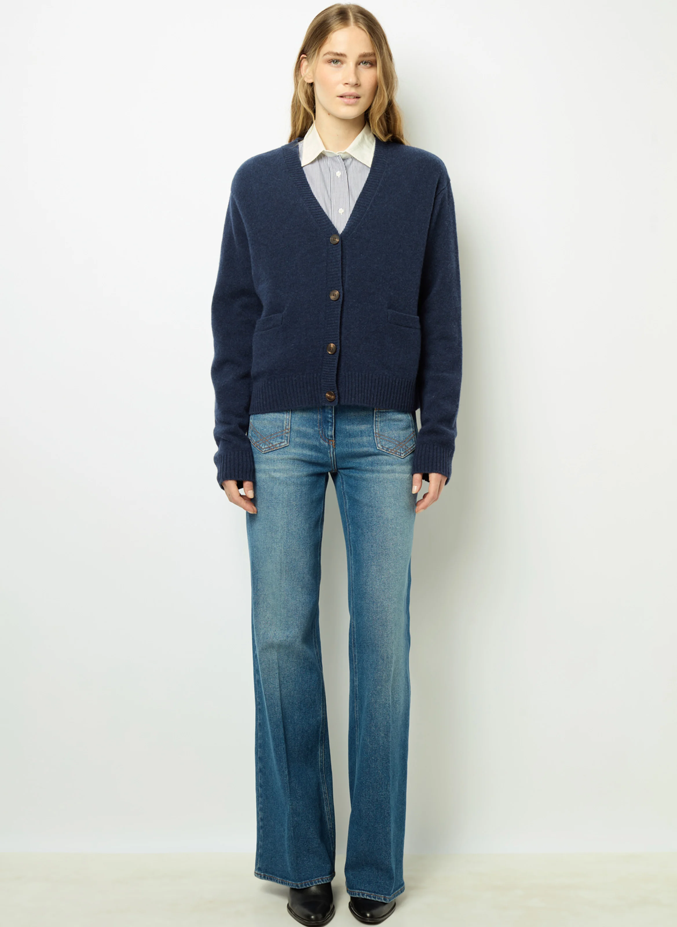 JEANETTE - Gilet col V en laine mélangée | Bleu