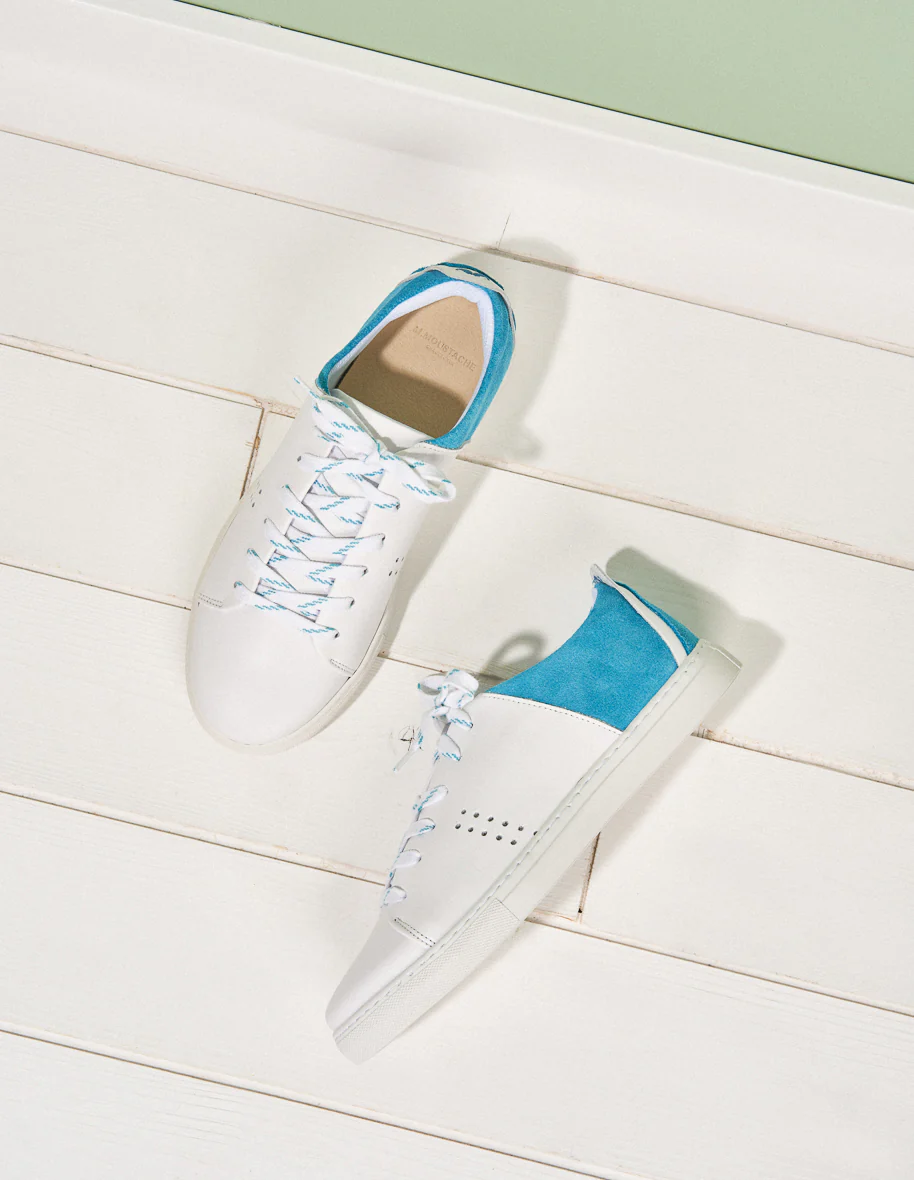 Baskets basses Renée - Cuir blanc turquoise