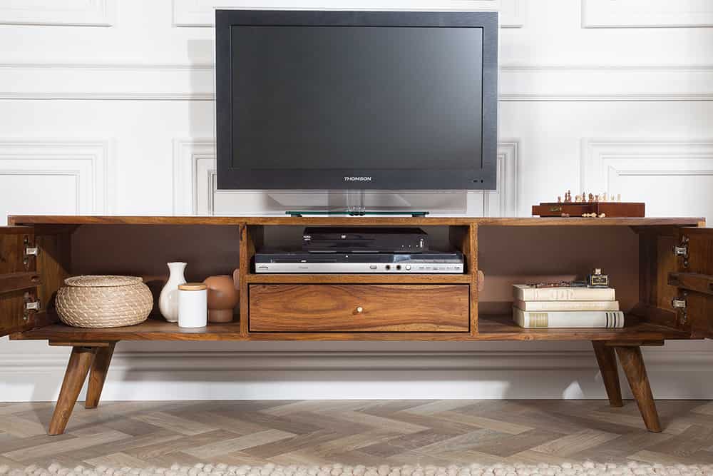 Massives TV-Board MYSTIC LIVING 140cm braun Sheesham Massivholz stone finish 3D -Front
