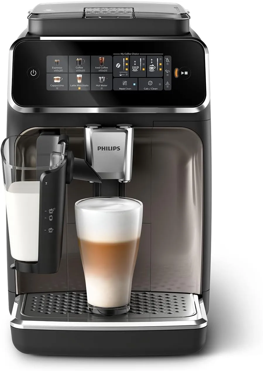 3300 Series Kaffeevollautomat - 6 Getränke, Modernes Farb-Touchscreen-Display, LatteGo-Milchsystem, SilentBrew, 100% Keramikmahlwerk, AquaClean Filter. Schwarzchrom (EP3347/90)