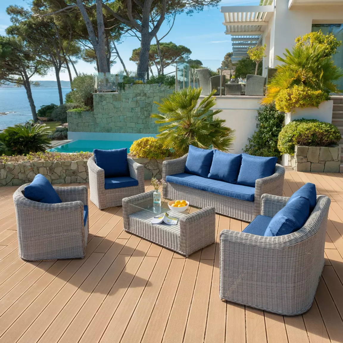 Housses de coussin de remplacement pour salon de jardin Calvi 7 places - Bleu