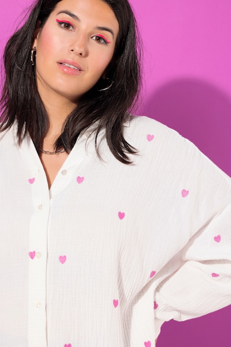 Hemdbluse, oversized, Musselin, Herz-Stickerei, Hemdkragen, Langarm