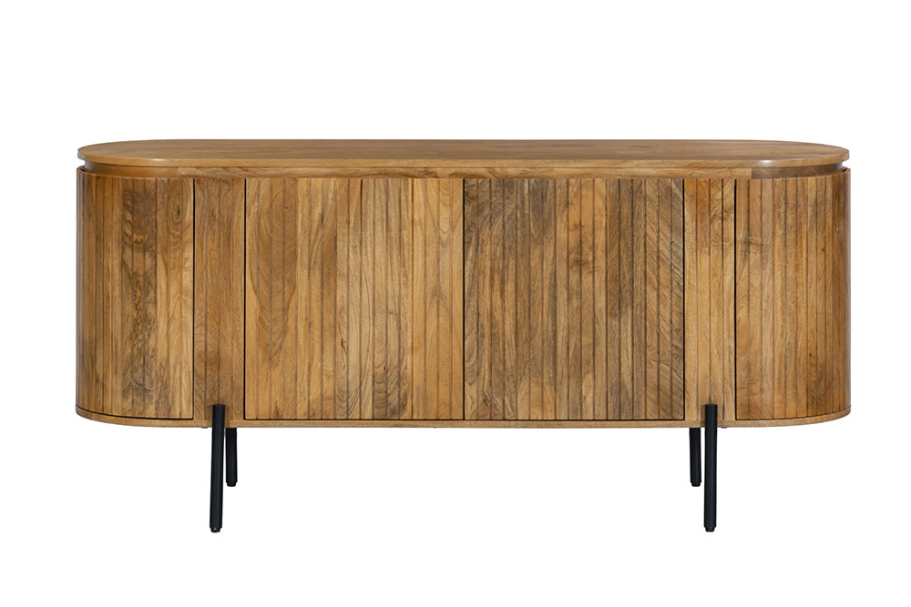 Massives Sideboard GATSBY 160cm natur Mangoholz schwarz Metall mit Lamellenfront