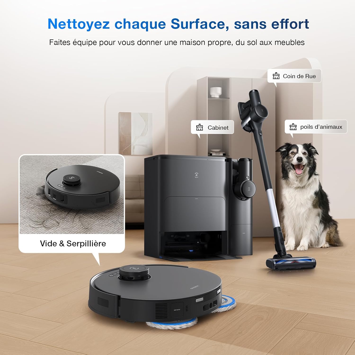 ECOVACS T30S Combo Complete Robot Aspirateur Laveur avec Station Tout-en-Un, Brosse ZeroTangle, Aspiration 11000 Pa, Auto-Levage et Nettoyage de Serpillière à 70℃, Nettoyage Adaptatif des Bords, Noir