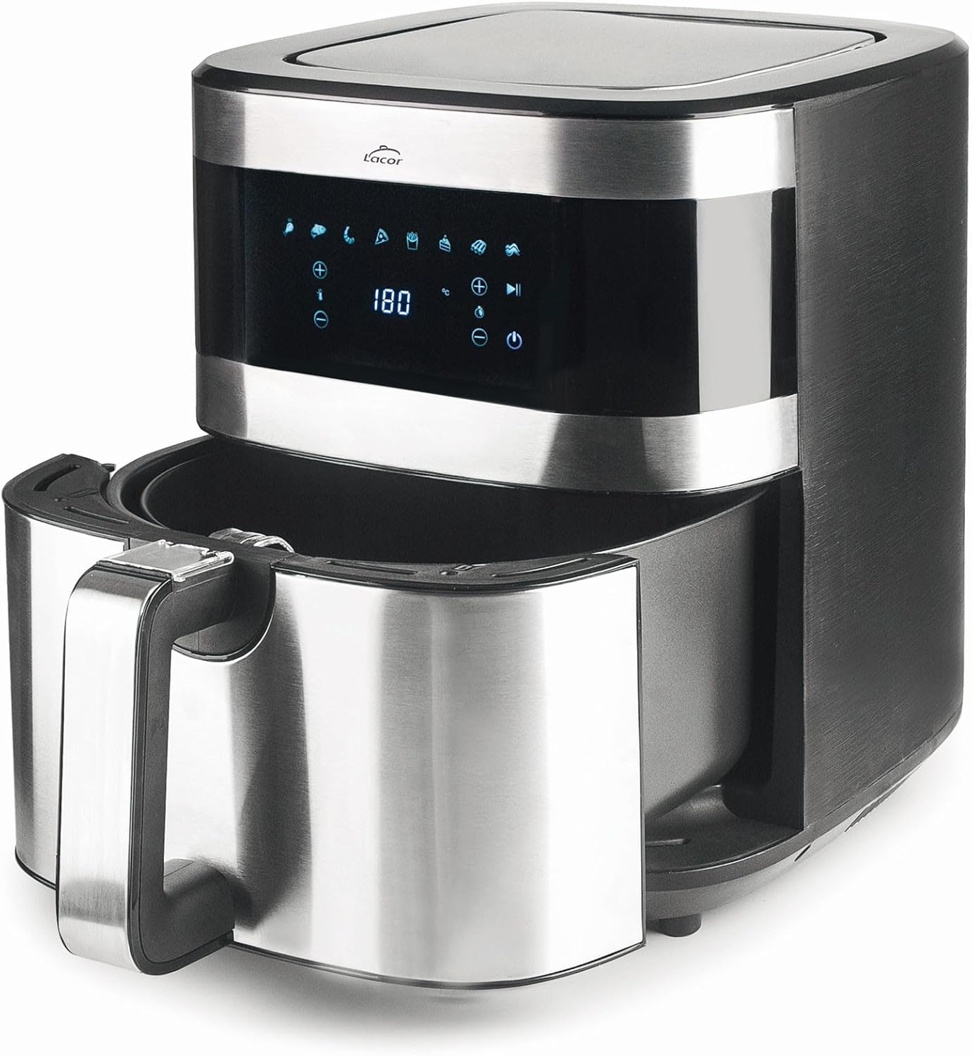 Lacor - 69511 - Ecofry Ölfreie Fritteuse, Heißluftfritteuse mit TotalCook-Technologie, Heißluftfritteuse mit exklusivem Rezeptbuch in 3 Sprachen, Touchscreen, 8 Programme, 1500 W, Kapazität 5.5L