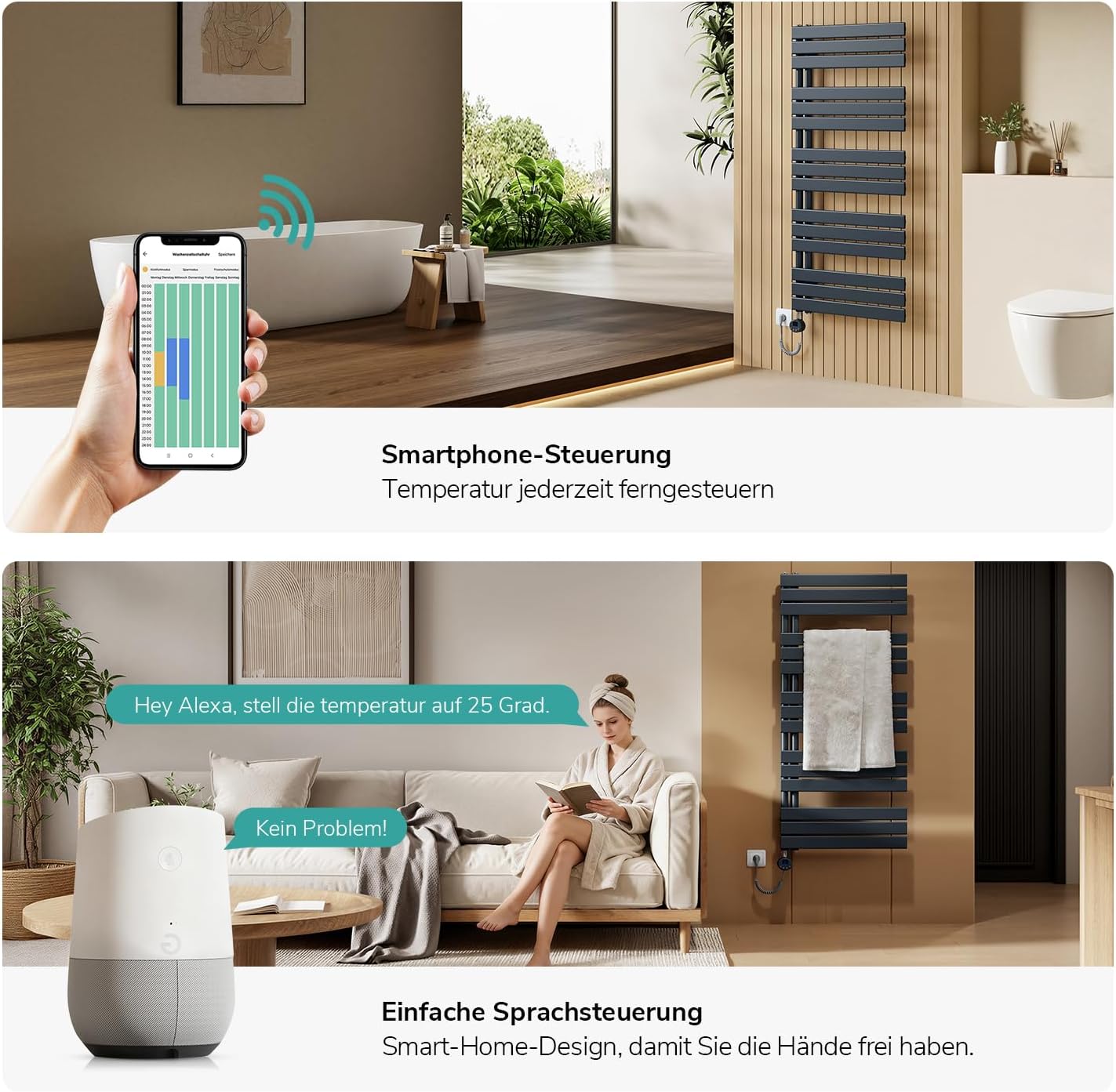 EMKE WiFi Badheizkörper Elektrisch 1320x600 mm - Flach Handtuchheizkörper Elektrisch, Elektrischer Handtuchwärmer Handtuchtrockner Handtuch Heizkörper Bad mit Thermostat und Heizstab - 800W, Anthrazit