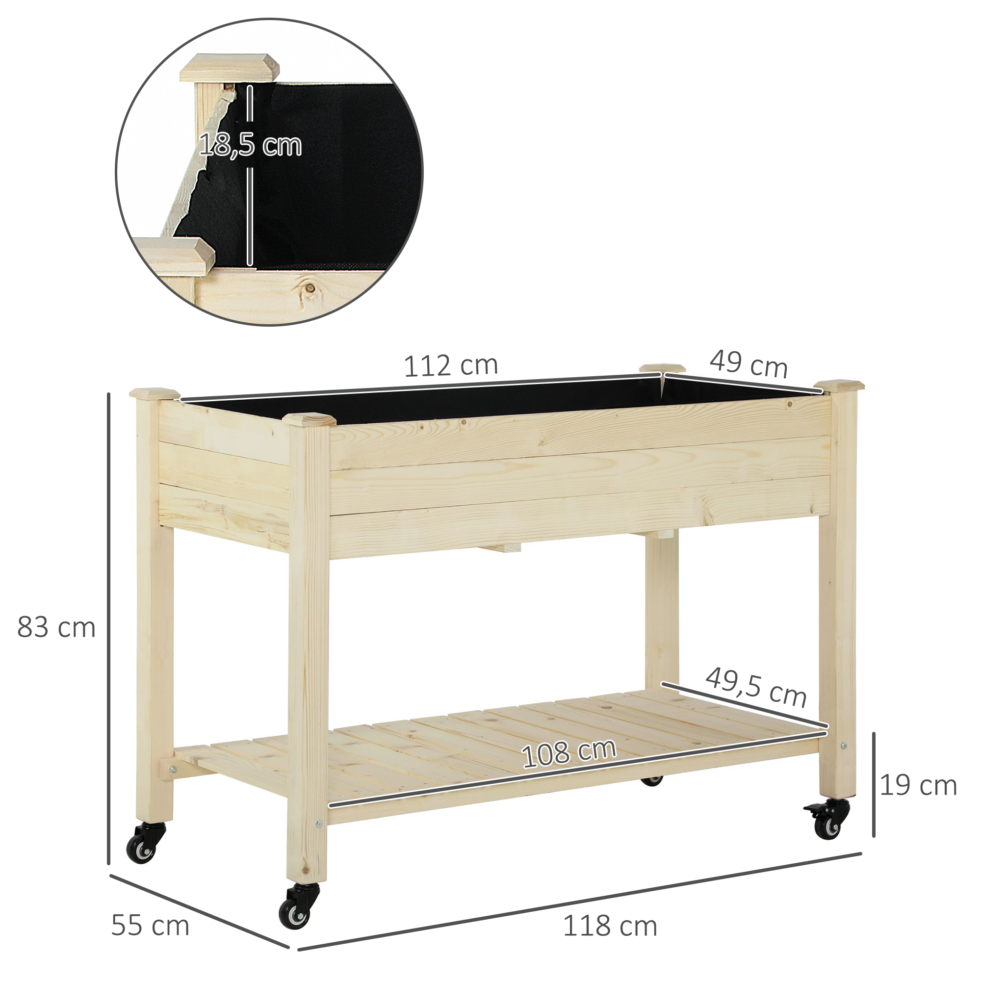 Mesa de jardim elevada Outsunny Urban Garden em madeira, 118x55x83 cm, com prateleira em geotêxtil, rodas com freios, portátil para cultivo em jardins e terraços, cor natural.