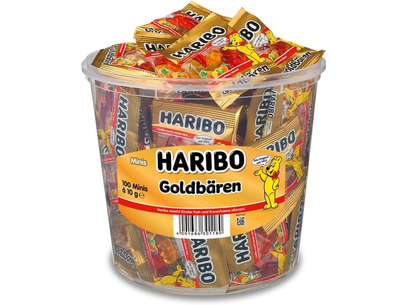 Haribo Gummibonbons Goldbären mit Minibeutel 100 x 10 g Saftige Fruchtgummibären