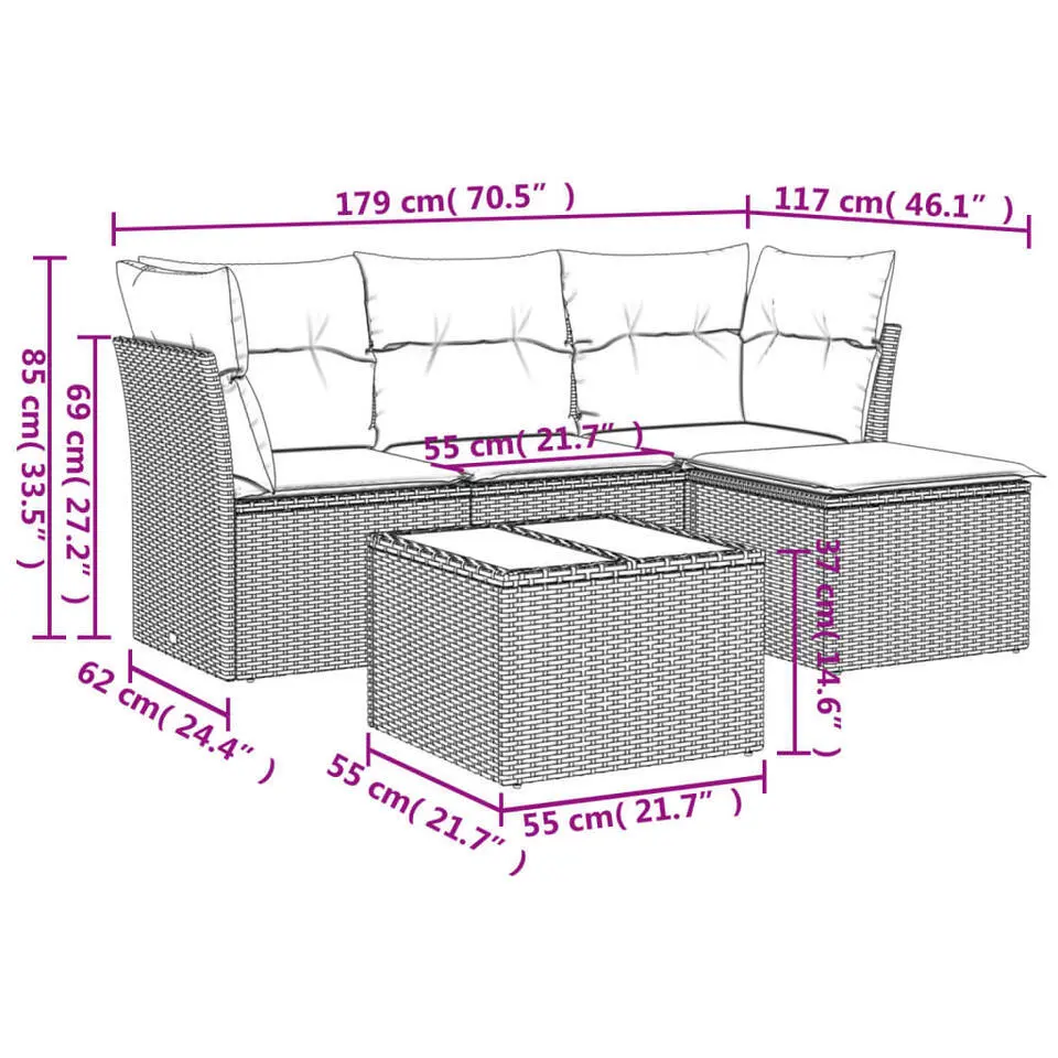 vidaXL - Loungeset - Beige - Poly rattan - 5 stuks - Met kussens