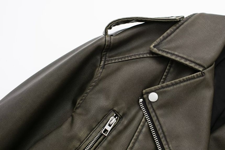 Morhan - Effen imitatieleren cropped bikerjack met rits