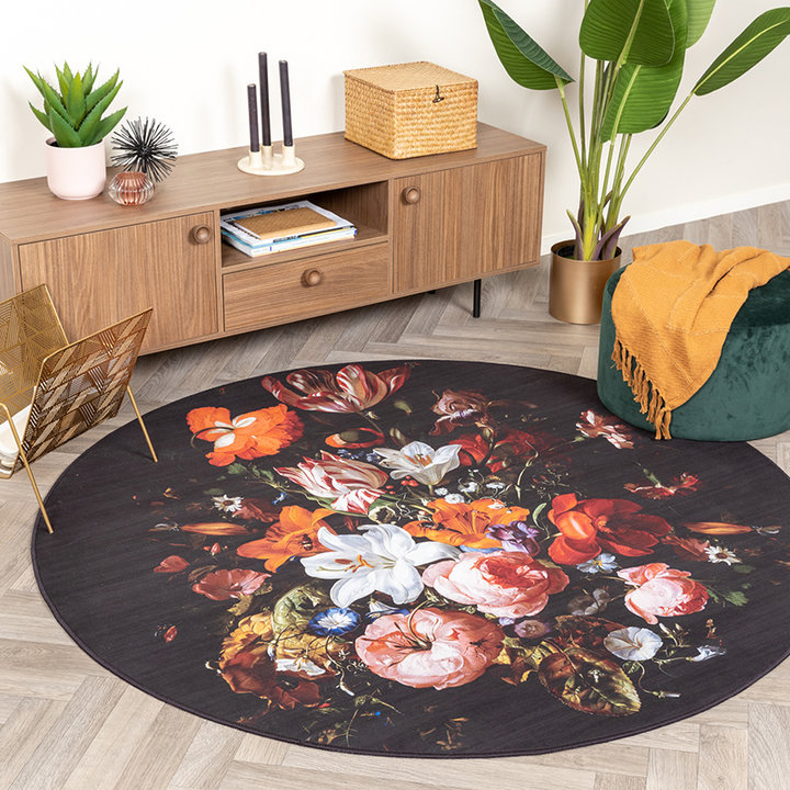 Rond bloemen vloerkleed - Florine Zwart/Oranje | Kleurrijk