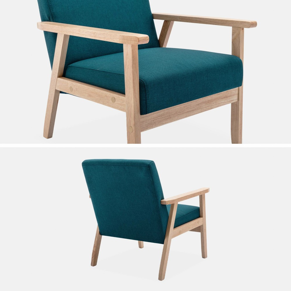 Fauteuil scandinave en bois et tissu bleu pétrole. Isak. L 64 x p 69.5 x h 73cm