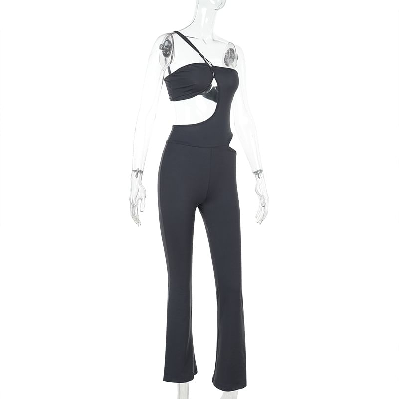 Alizio - Mouwloze jumpsuit met één schouder, effen uitgesneden, open rug en uitlopende pijpen